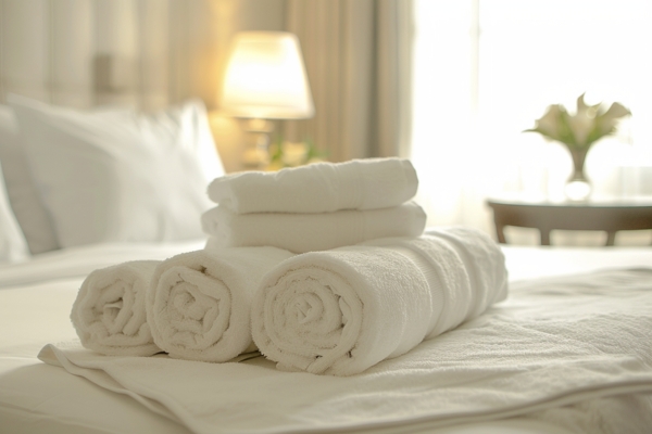 Three rolled white towels and two folded towels are arranged on a neatly made bed in a well-lit room with a lamp and flowers in the background.