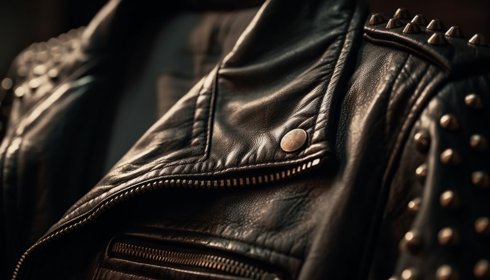 Close-up of a black leather jacket with metal studs on the shoulders and a zipper pocket visible.