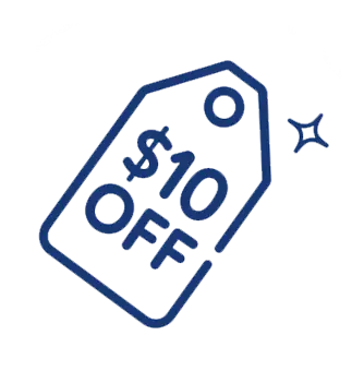 Outline of a price tag with "$10 OFF" written inside and a small star next to it, indicating a ten dollar discount.