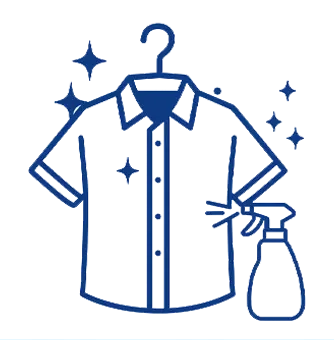 Outline of a collared shirt on a hanger with sparkles and a spray bottle, symbolizing cleanliness or laundry services.