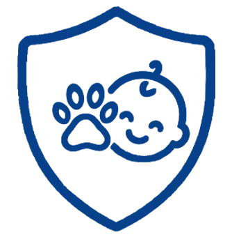 A blue outlined shield containing a paw print and a cross, symbolizing veterinary or pet health protection.