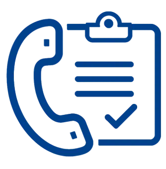 Blue outlined icon of a telephone handset next to a clipboard with writing and a check mark.