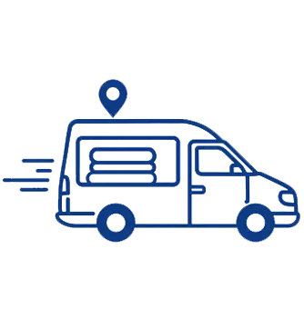 Blue outline icon of a delivery van with a location pin above it, and motion lines suggesting movement to the left.