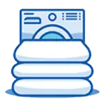 Icon showing a washing machine behind a stack of three folded towels or linens, indicating laundry or washing service.