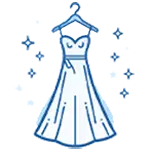 Line drawing of a long, strapless dress on a hanger with sparkling stars around it, suggesting cleanliness or elegance.