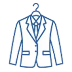 Line drawing of a suit jacket, dress shirt, and tie on a hanger.
