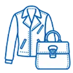Blue outlined illustration of a jacket and a handbag placed side by side on a light background.