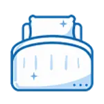 Simple blue and white icon of a neatly made bed with a pillow, blanket, and a few sparkle symbols indicating cleanliness.