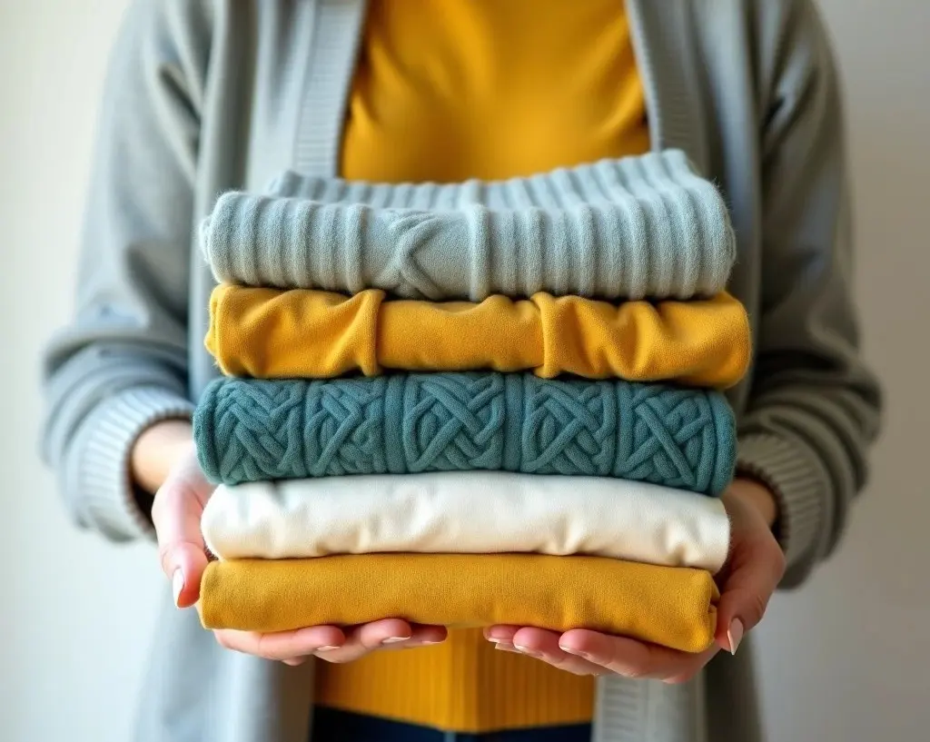 A person in a gray cardigan and yellow shirt holds a neatly folded stack of sweaters in gray, yellow, green, and cream colors.