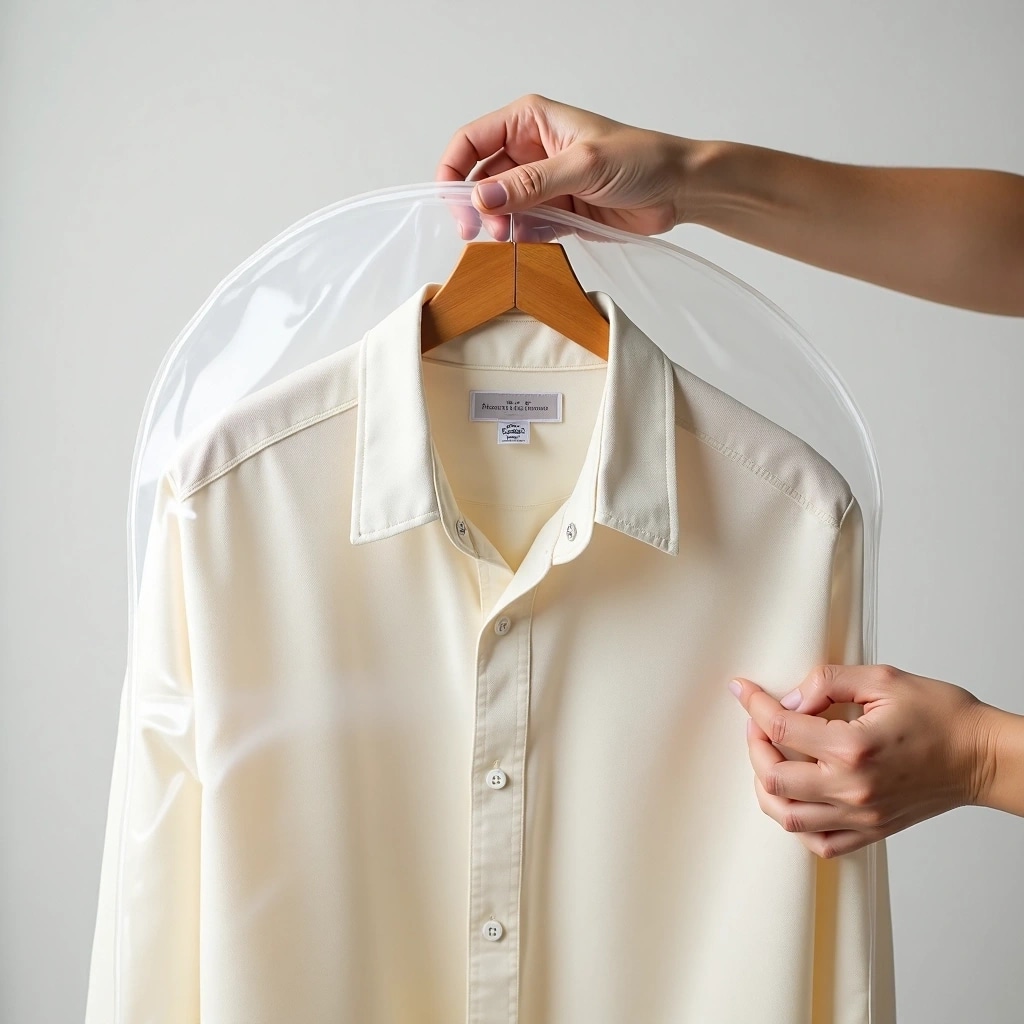 A person holds a white dress shirt on a wooden hanger, partially covered by a transparent plastic garment bag.