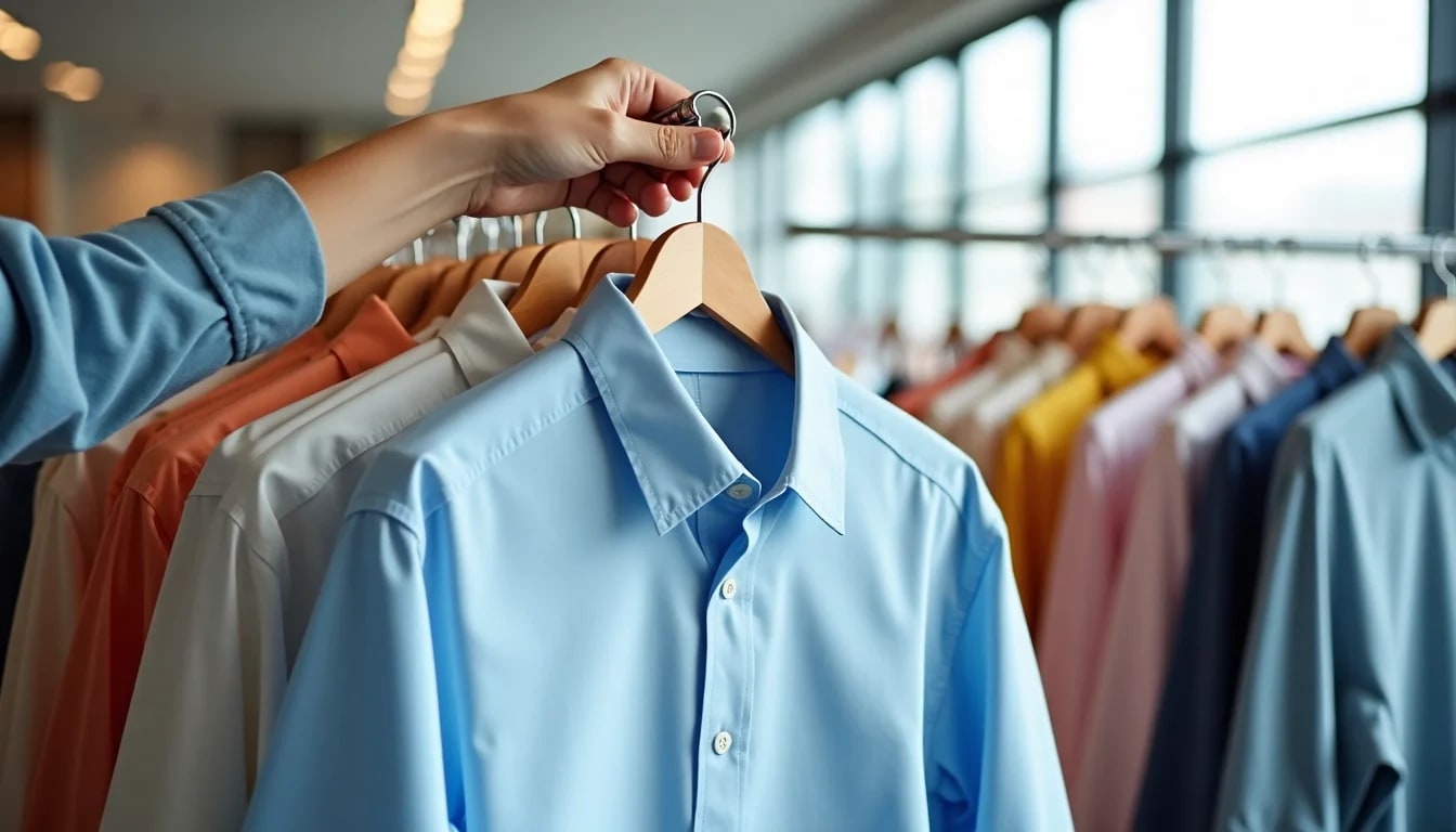 A person selects a light blue dress shirt from a clothing rack filled with shirts in various colors inside a well-lit store.
